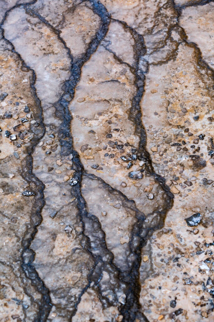 Close-up abstract of cracked thermal mineral deposits in tan and brown
