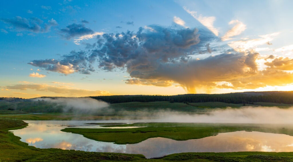 Steam rising from a thermal feature over a foggy lake at dawn