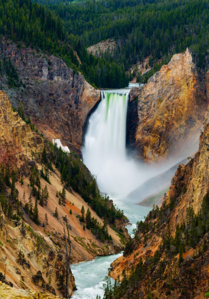 Lower Falls viewed from above, turquoise river cutting through yellow canyon walls