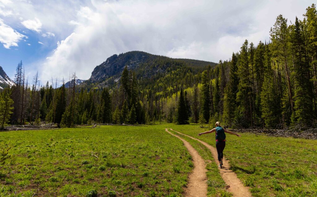 a hiker on the willow creek falls trail going through a meadow