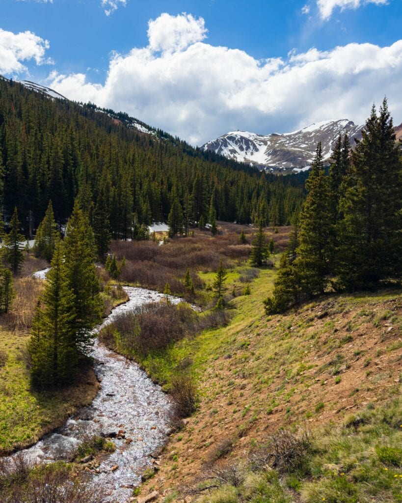 Mountain stream flowing through rocky alpine terrain lined with evergreen trees on Herman Gulch Trail