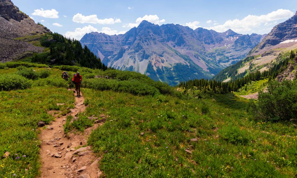 a hiker on a trail cutting through the green landscape