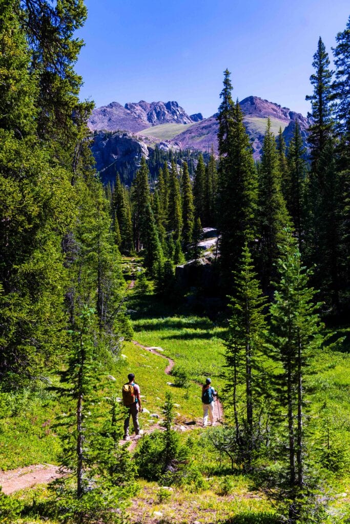 two hikers on the gore lake trail with trees around them