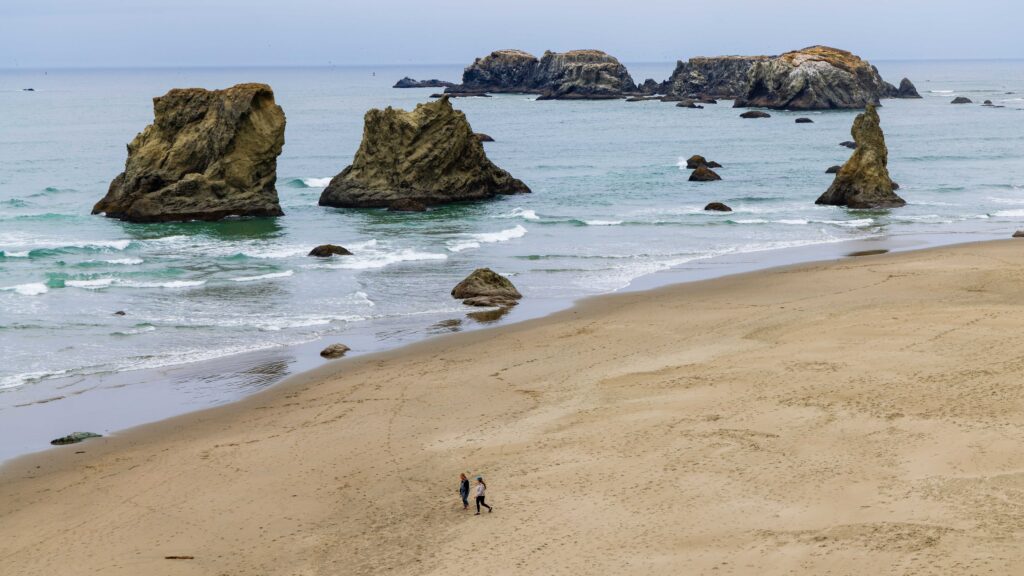 Sea stacks and waves along a rocky Oregon beach