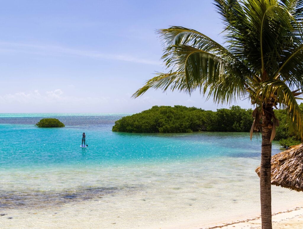 a woman paddleboards near a beach in belize