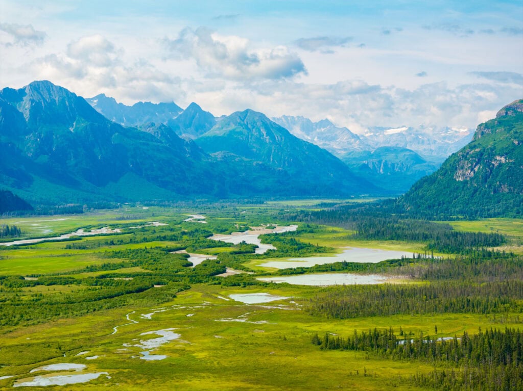 aerial view of lake clark national park's trees and rivers with mountains