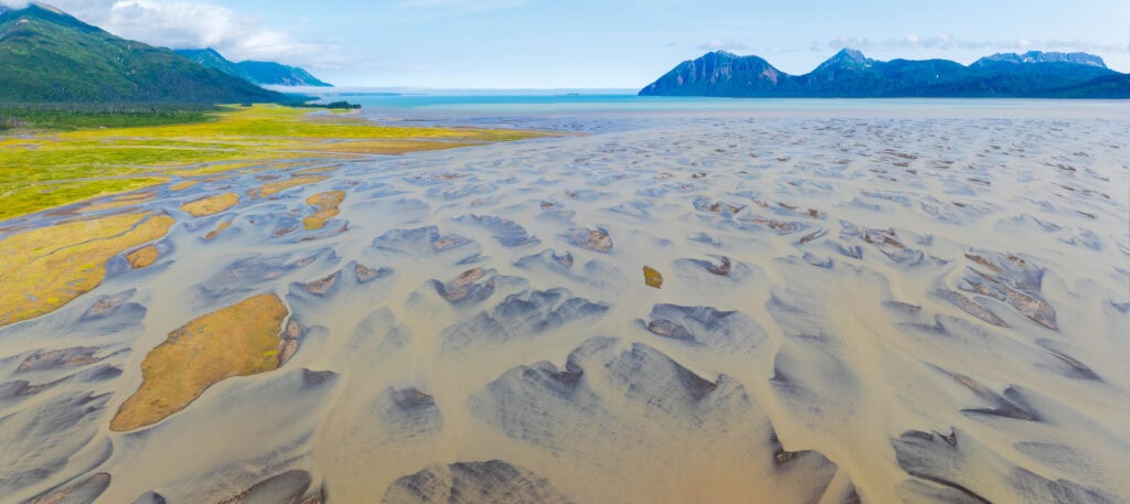 drone shot of the braided rivers of chinitna bay