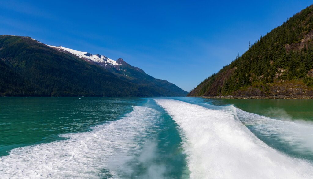the wake from the tour boat inside a fjord