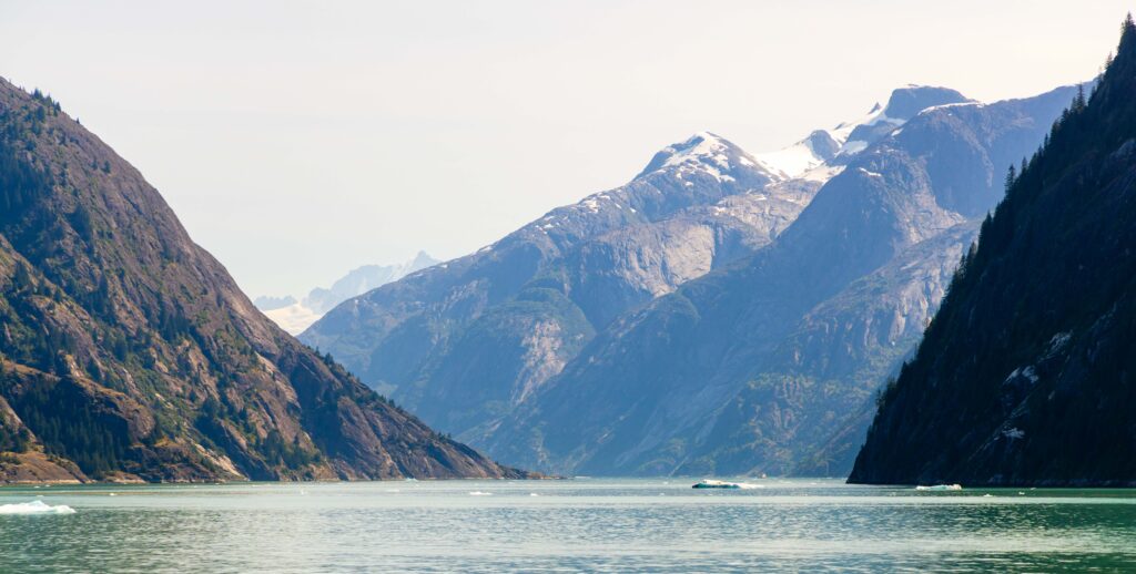 the steep walls of an alaskan fjord with trees and snow