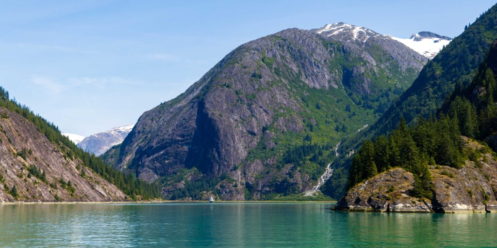 the steep walls of an alaskan fjord with trees and snow