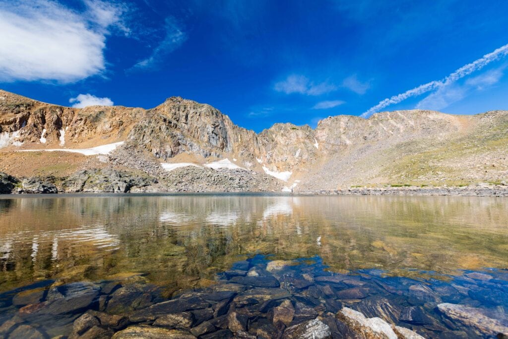 panorama of lake Dorothy with a reflection of mountains