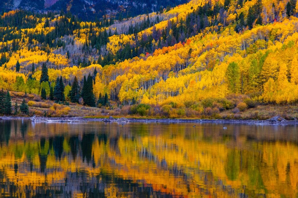 fall reflections off the lake at maroon bells