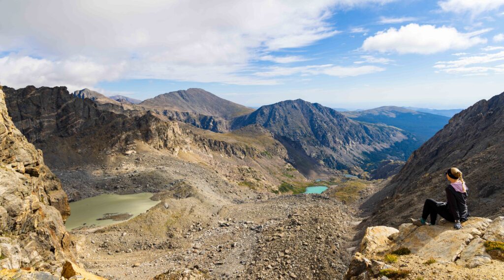 turquoise lakes in the basin far below