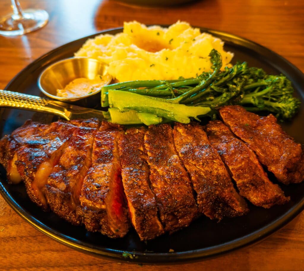 steak dinner with mashed potatoes