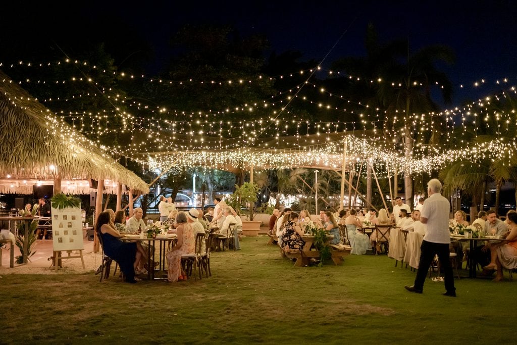 wedding reception with lights in the evening